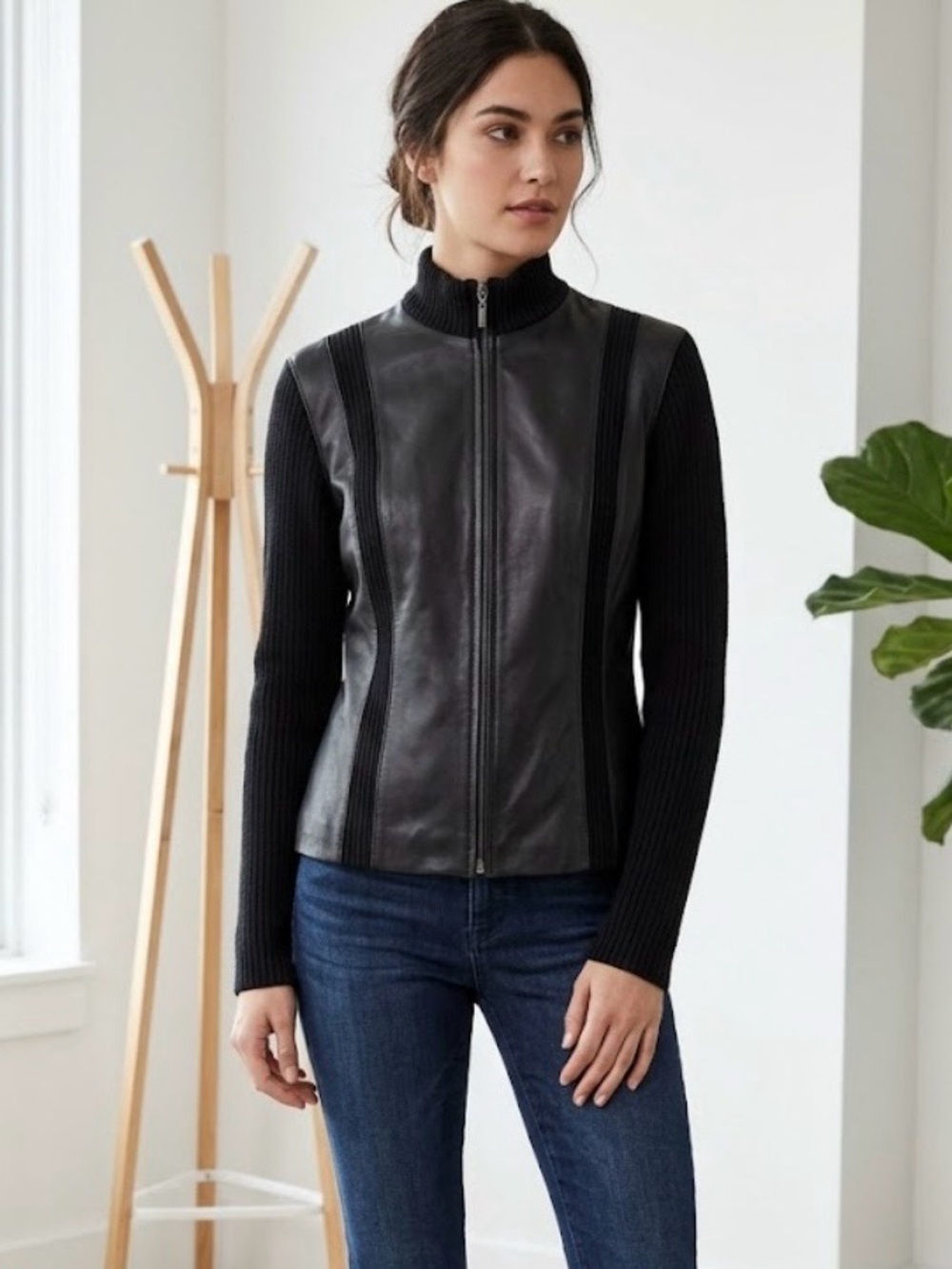 Worthington Womens Black Genuine Leather Sweater Jacket Knit Sleeves Zip Small